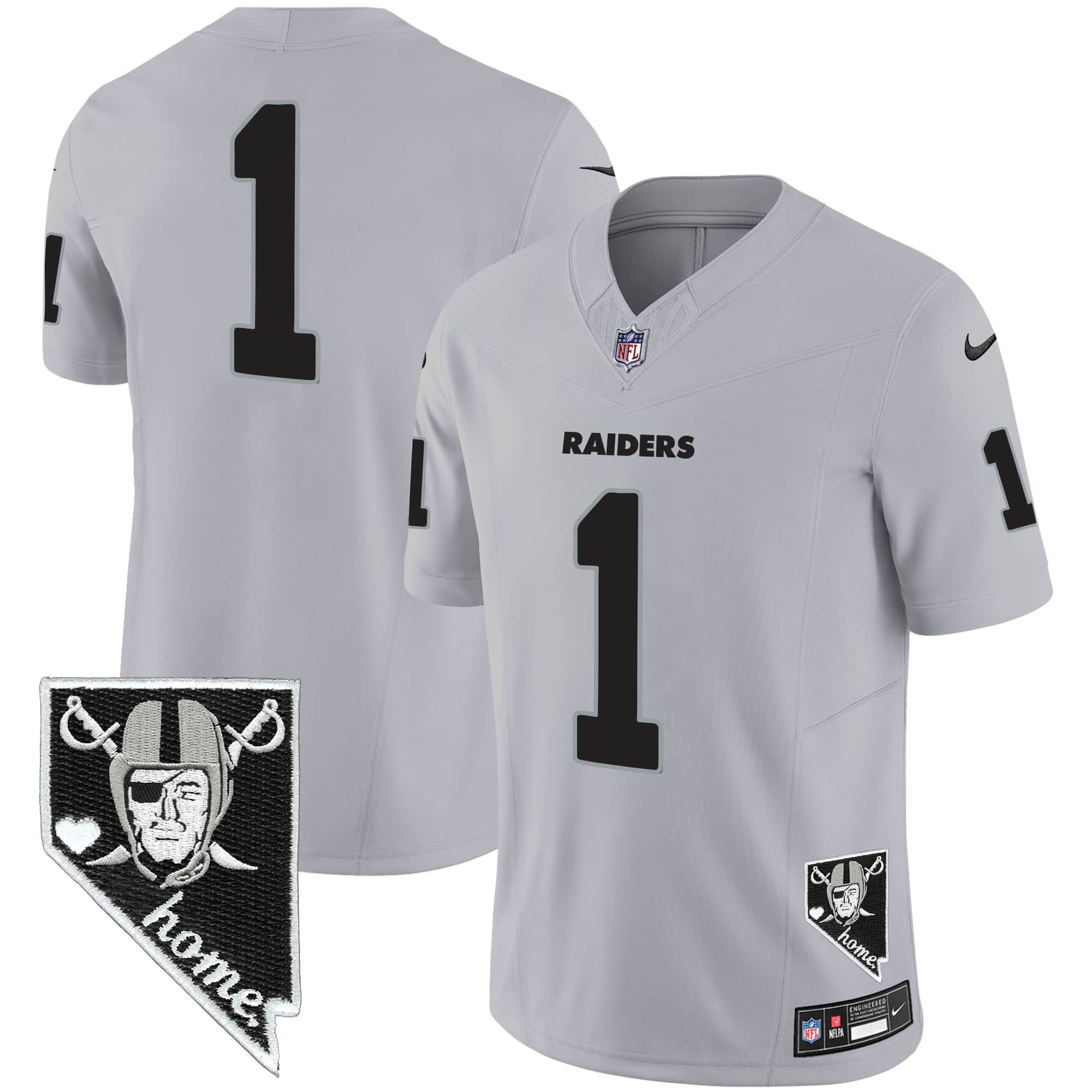 Men Oakland Raiders #1 No Name Grey 2024 Nike Nevada Home Patch Vapor NFL Jersey